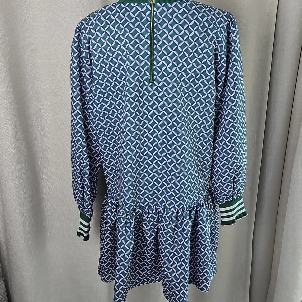 Addison Bay Long Sleeve Vine Dress: Geo Trelis- Green/Pink/Teal - Picture 6 of 15